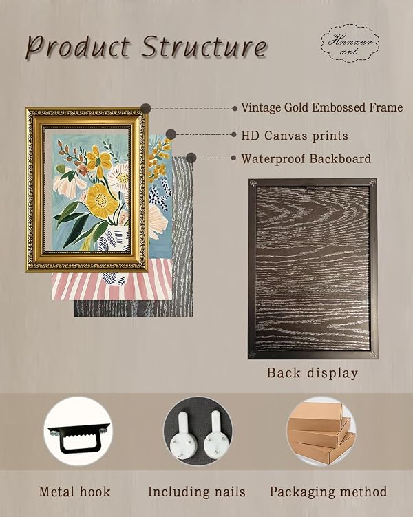 HNNXAR Gold Framed Wall Art Modern Flower Wall Decor Colorful Botanical Canvas Art Floral Vase Paintings Pastel Bouquet Pictures Abstract Prints Still Life Artwork for Bedroom Living Room by HNNXAR - Used condition - Image 5