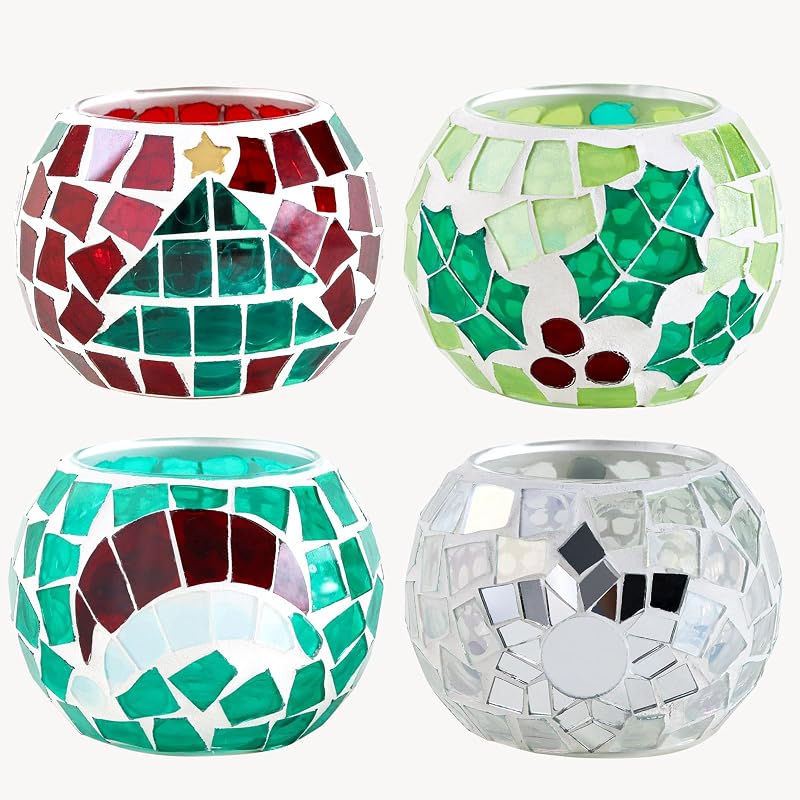 4 portavelas votivas de cristal con mosaico, decoración de centro de mesa navideña roja y verde para decoración navideña en interiores y exteriores