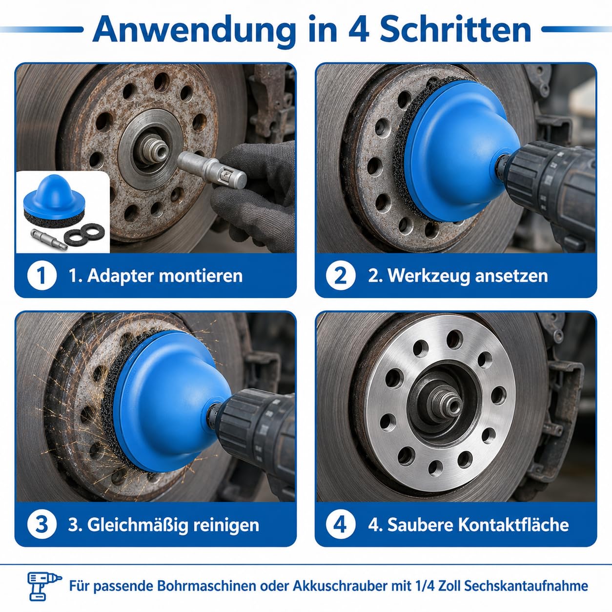 Radnabenschleifer Set 4-teilig, Radnabenreiniger KFZ Innen-Ø 90mm Außen-Ø 150mm mit 2 Schleifscheiben, 1/4 Zoll Sechskant-Adapter, Reinigungsteller für Felgenwechsel Rostentfernung, KFZ Werkstatt