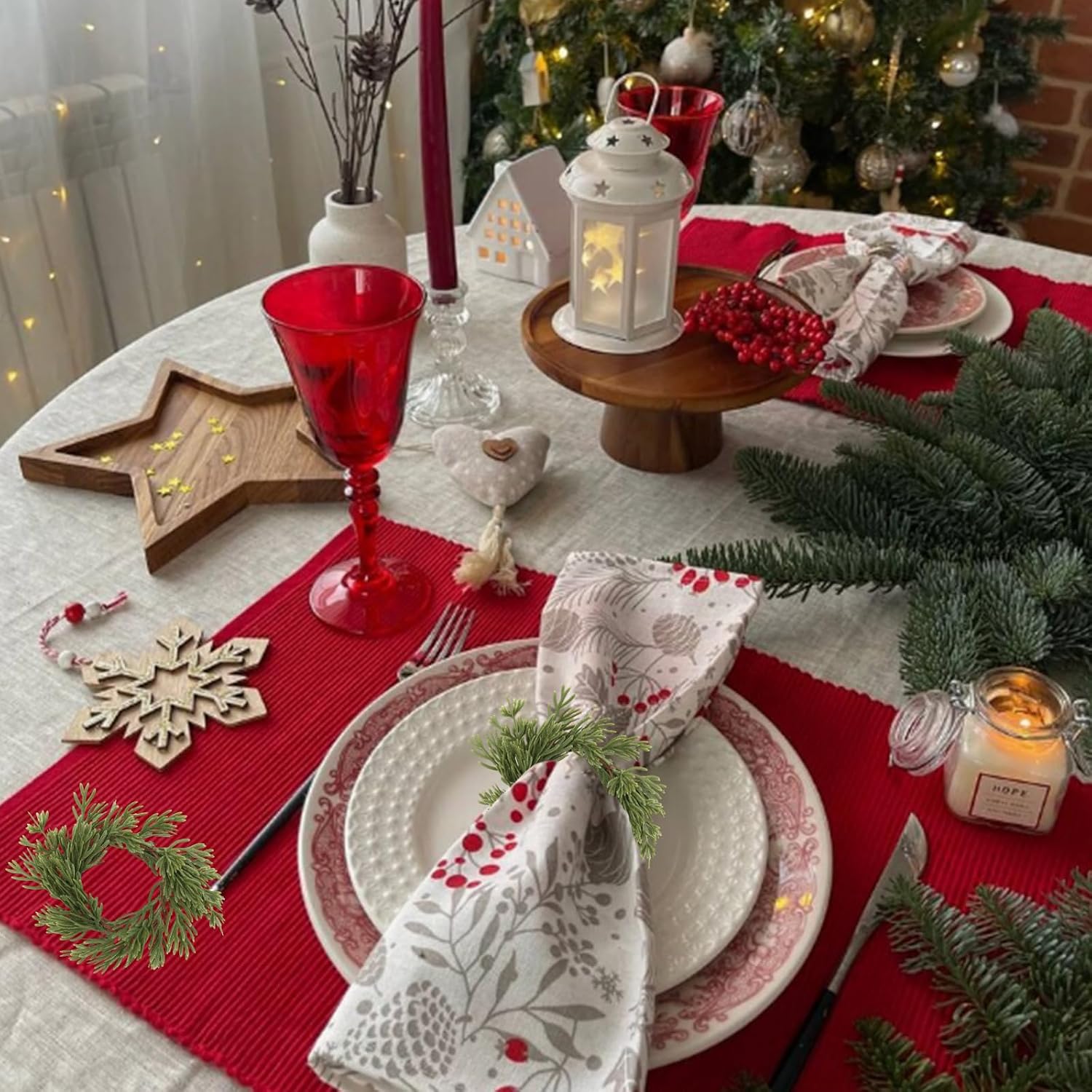 6 Pcs Christmas Napkin Rings Green Artificial Pine Handmade Holiday Wreath Candle Napkin Rings Holders Table Setting for Christmas Table Decor, Wedding, Banquet Decoration