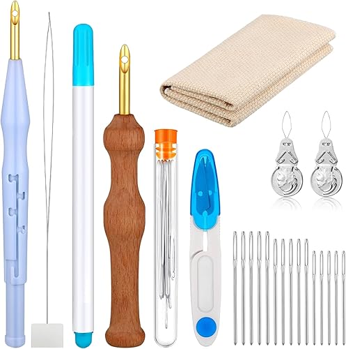 WILLBOND Kit de 17 agujas perforadoras ajustables, incluye mango de madera, bolígrafo de bordado, agujas de coser grandes para principiantes,