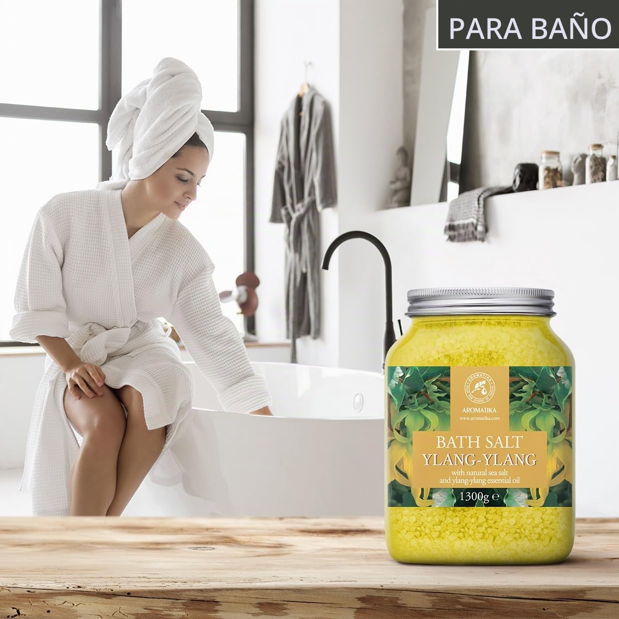 Sal de Baño con Aceite Esencial Ylang Ylang - 1300g - Espuma de Baño - Baños de Burbujas - Cuidado del Cuerpo - Buen Sueño - Bienestar - Relajación - Aromaterapia - Aroma Ylang
