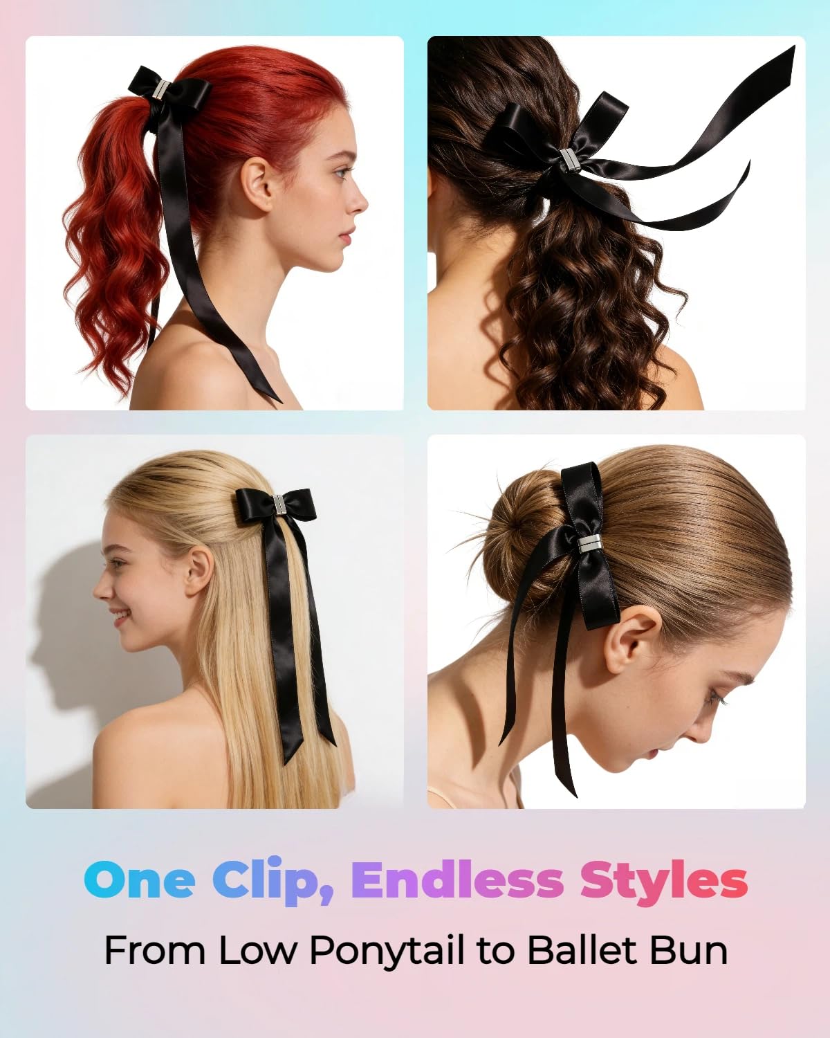 Magnetic Satin Bow Hair Clip with Long Ribbon, 3 Colors, Strong Hold No-Slip, for Women, Ponytails and Half-Updos
