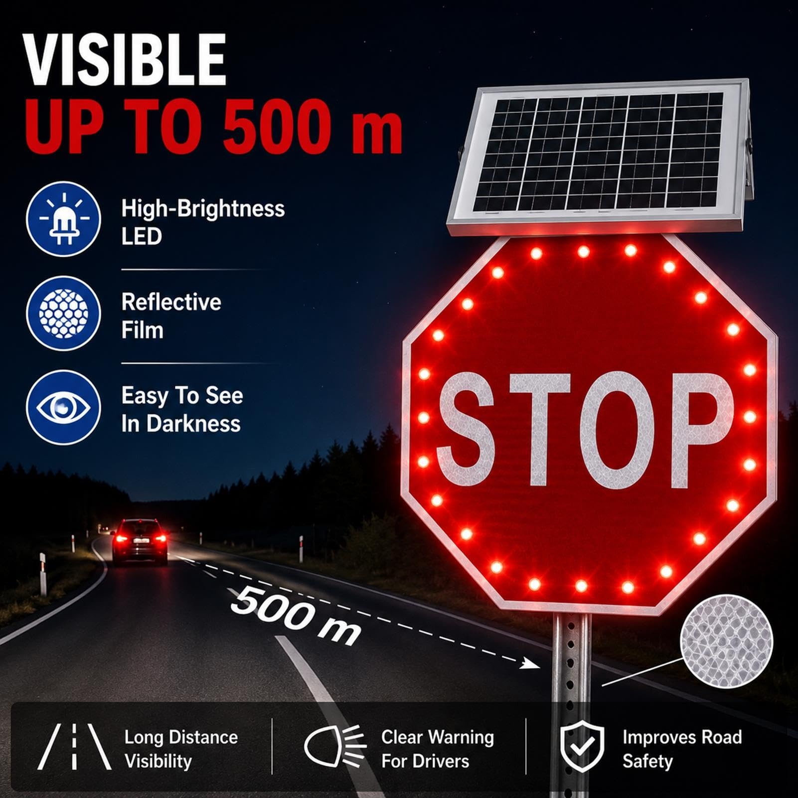 LED Verkehrszeichen STOP,Solarbetrieben,Aluminium,IP65,762 mm