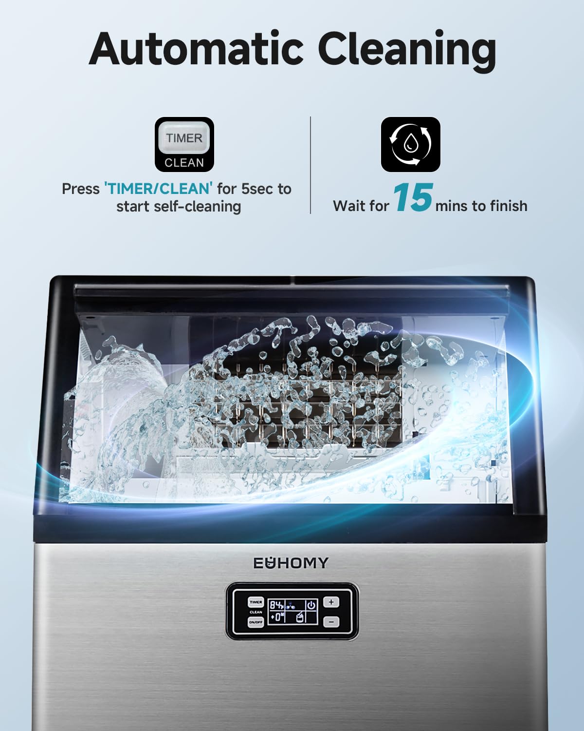 EUHOMY Commercial Ice Maker Machine, 100lbs/24H Stainless Steel Under Counter ice Machine with 33lbs Ice Storage Capacity, Freestanding Ice Maker. 100 lbs/24 h/Non-Crescent Ice