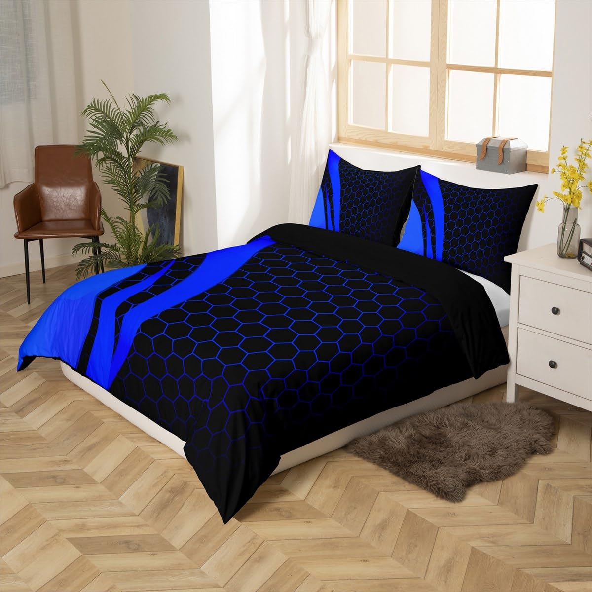 Geometry Bedding Set Geometry Honeycomb Comforter Cover for Kids Boys Girls Teens Hexagonal Geometrical Blue Black Duvet Cover Breathable Beehive Bedspread Cover Room Decor Quilt Cover Queen Size