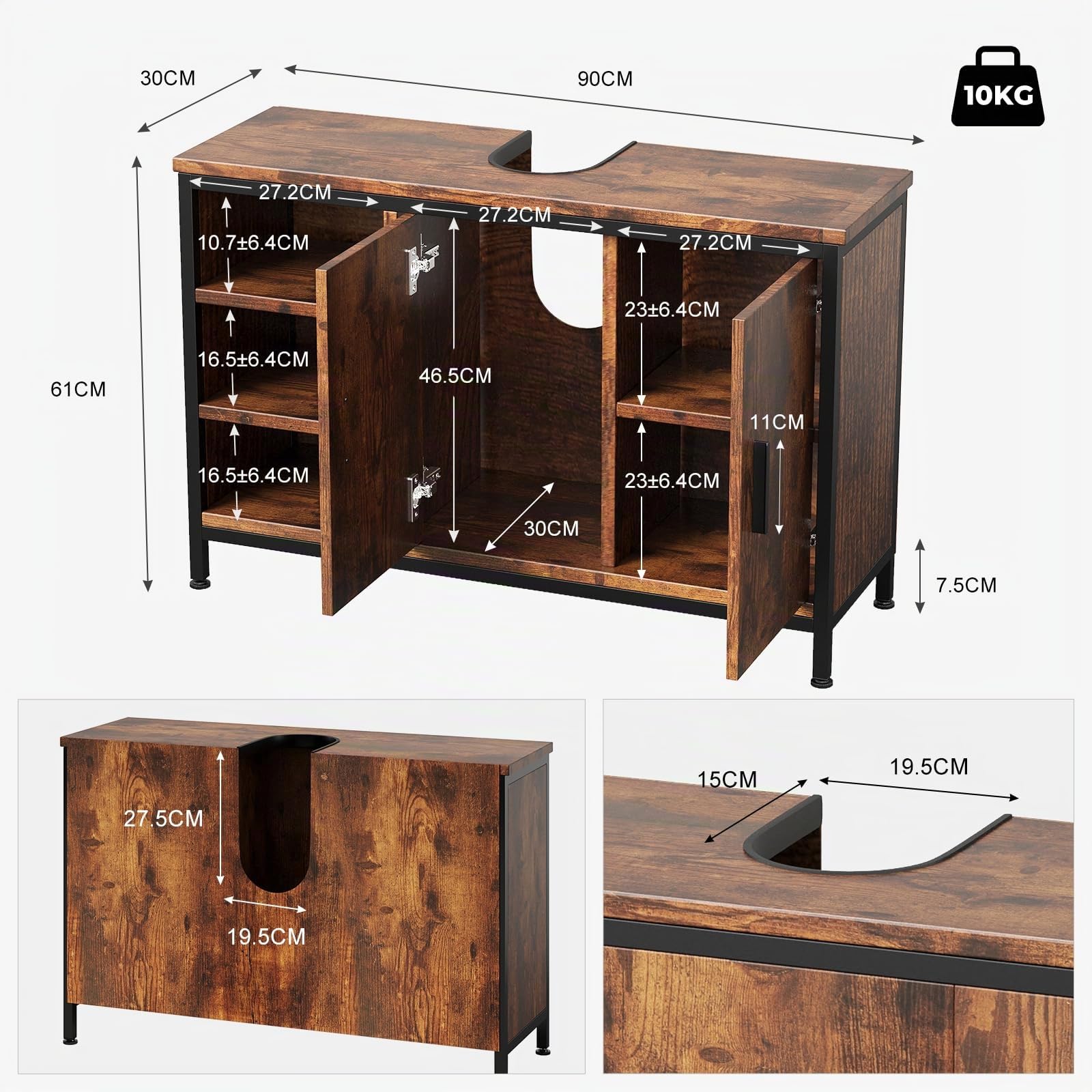 ELUCHANG Meuble Salle de Bain, Meuble sous Lavabo, Étagères Réglable, Compartiments Fermés,Meuble de Rangement, Meuble Vasque Salle de Bain,90x30x60cm, Vintage+Noir