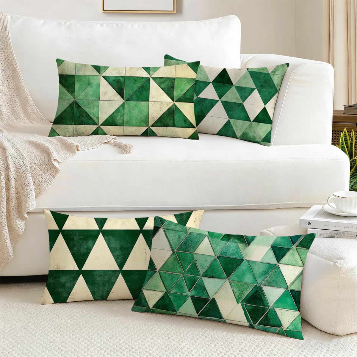 Poszewka na poduszkę 50x80 Zestaw 4 poduszek zewnętrznych zielona poszewka na poduszkę Aksamitne poduszki Sofa Geometria Poduszki dekoracyjne, wodoodporna poszewka na poduszkę, dekoracja wiosenna