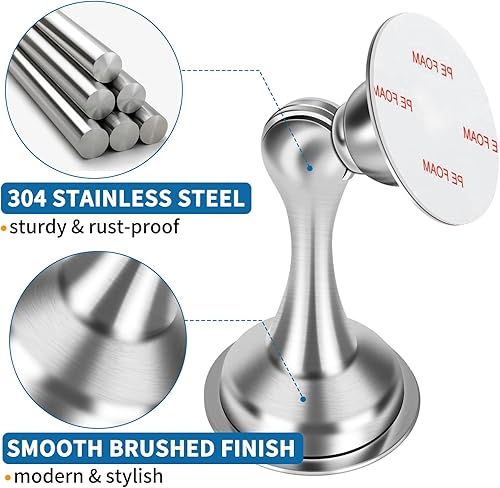 Miniatura 4 de Tope magnético para puerta, sin perforación, soporte magnético para puerta, acero inoxidable, níquel cepillado con cinta adhesiva de doble cara,