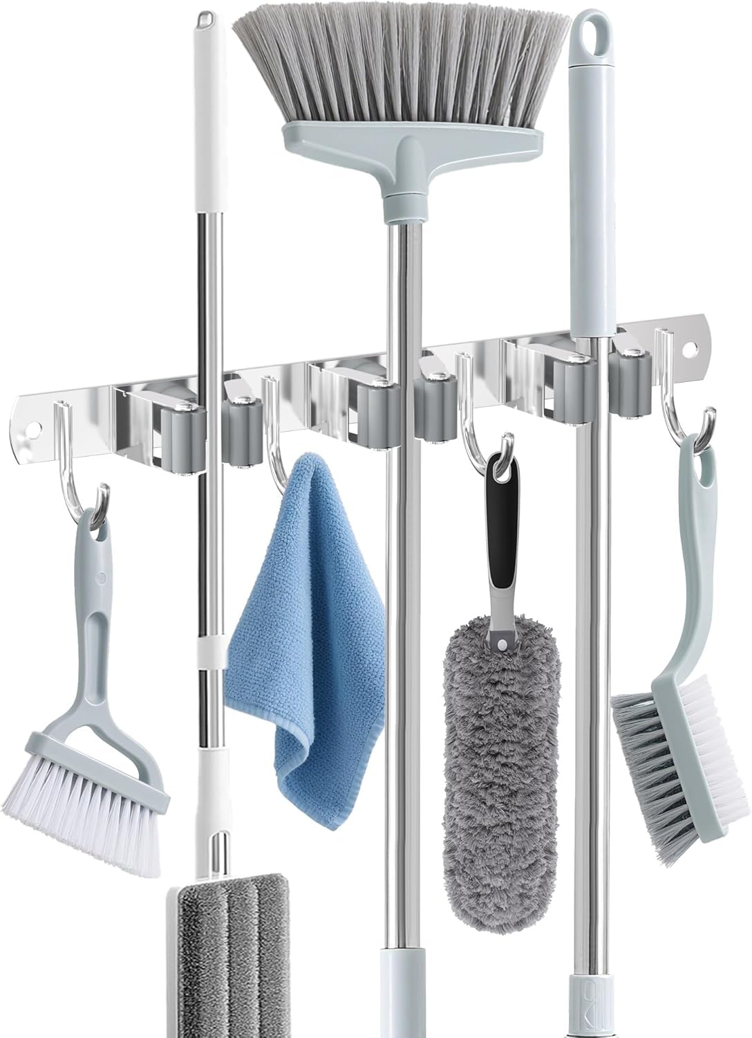 pranij heavy duty stainless steel wall mount 3 racks 4 hooks mop organizer | anti slip broom hanger for garage, laundry room, kitchen & utility storage