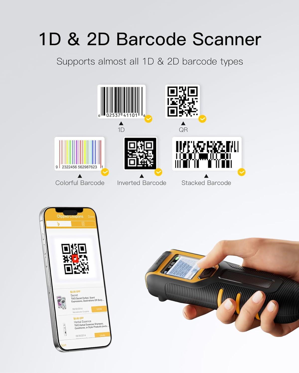 Inateck Barcode Scanner Wireless,Portable Bluetooth Barcode Scanner with Screen,1D 2D QR Code Scanner Kabellos 2.4GHz,Handscanner with APP and SDK, BCST-47