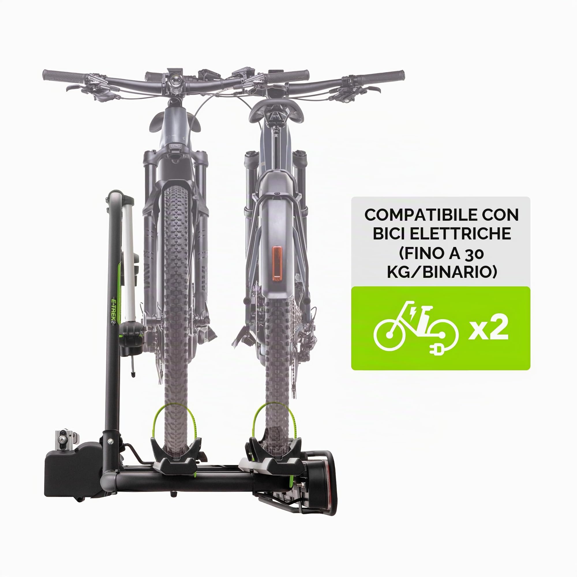 E‑TREK Portabici Auto su Gancio Traino con Leva per 2 Bici – Compatibile Bici Elettriche – Telaio in Acciaio e Alluminio – Sistema di Sicurezza – 30 kg per Binario