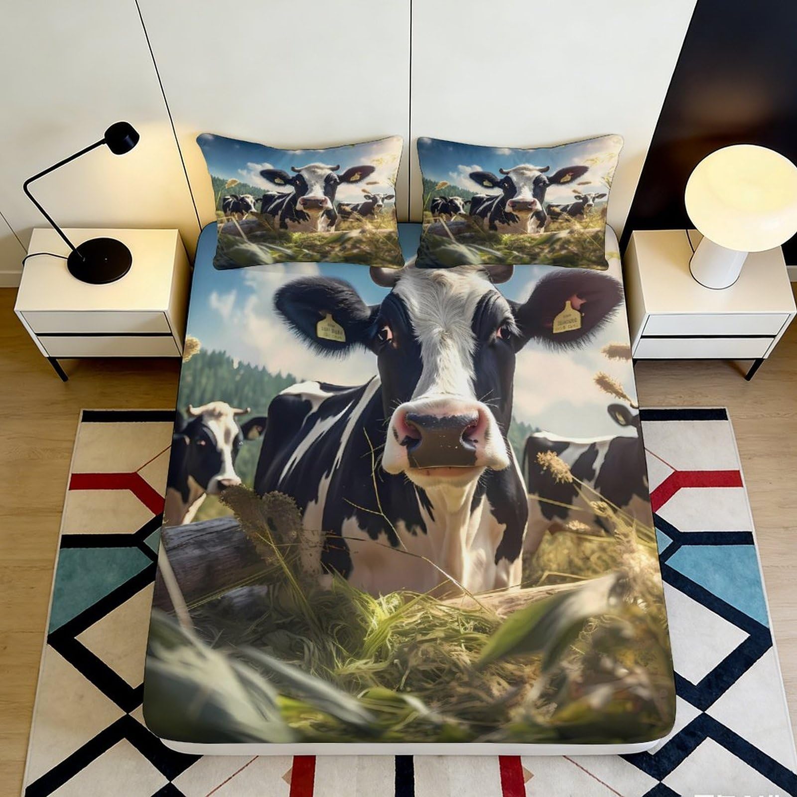 3D Printed Cow Pattern Fitted Sheet Microfiber Soft Breathable Farm Animal Bed Cover for Bedroom Dormitory Guest Room Mattress Protection 140x200x25cm