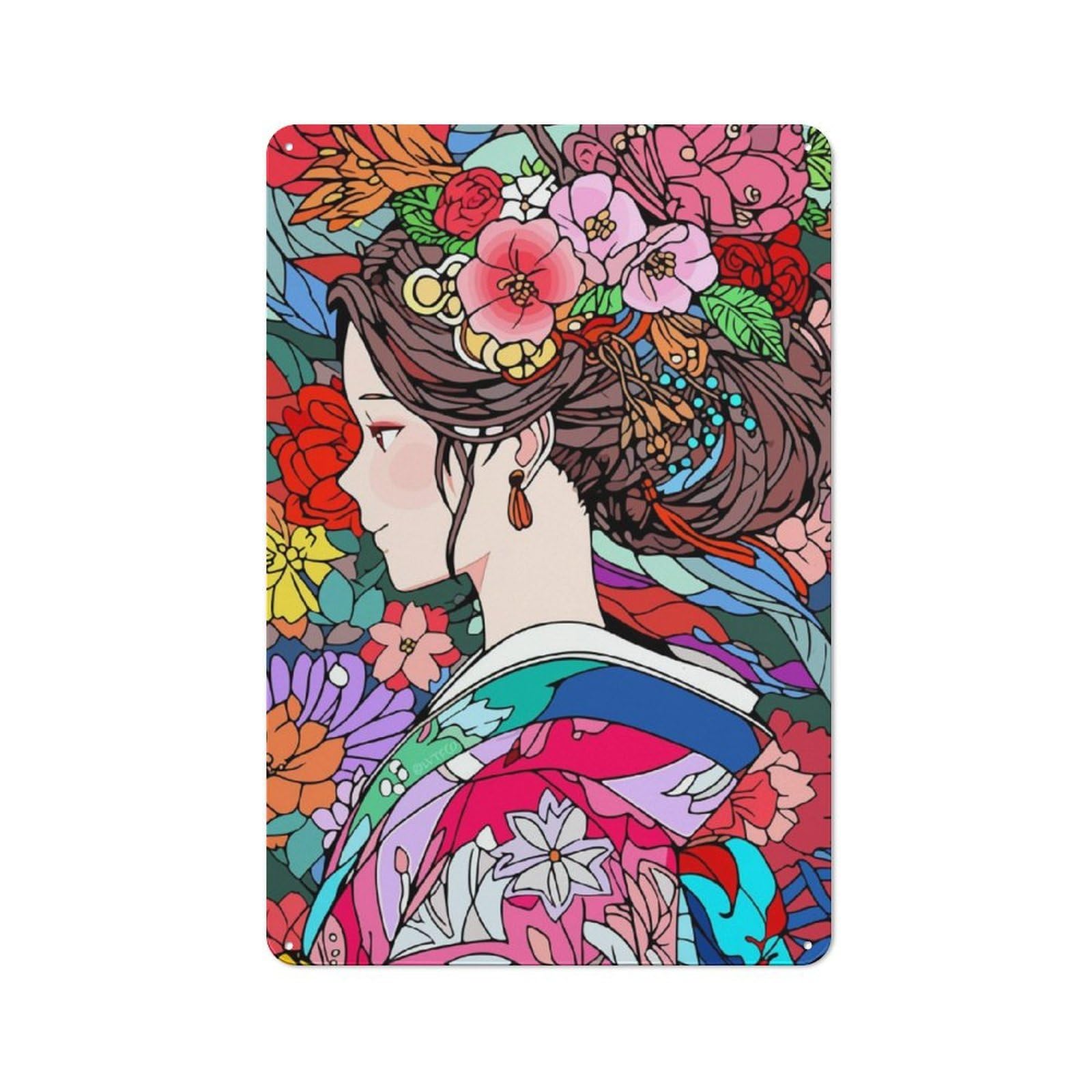 Junmoney Girls Kimono Flower Hair Rustic Tin Sign 30X20cm For Living Room Or Hallway, A Metal Wall Feature For Living Rooms And Hallways