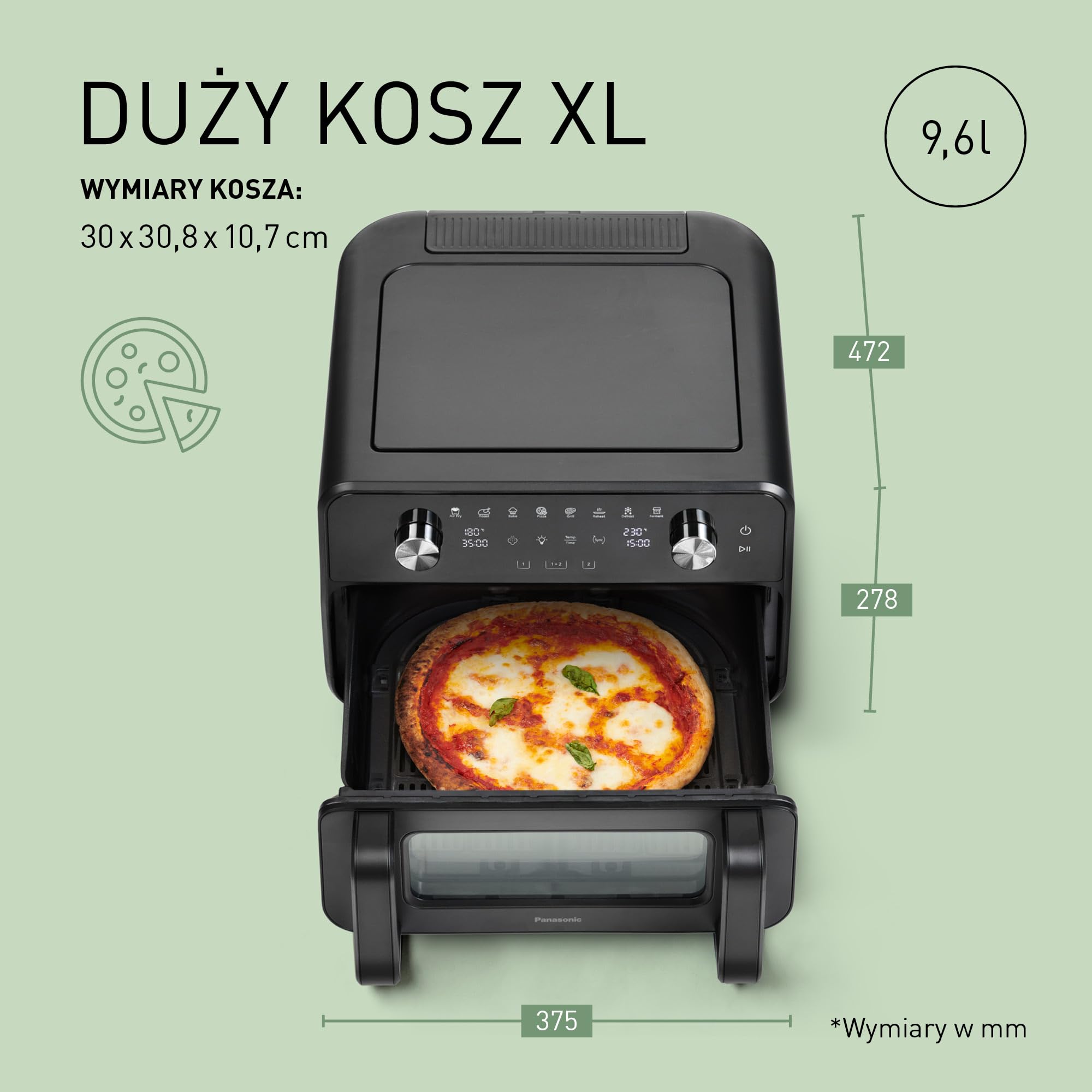 Panasonic NF-BC1000KXE Frytkownica beztłuszczowa Air Fryer Flex z okienkiem, 30°-230°C, 9,6 L, podwójny kosz, delikatna para, 8 programów, łatwe czyszczenie, czarna