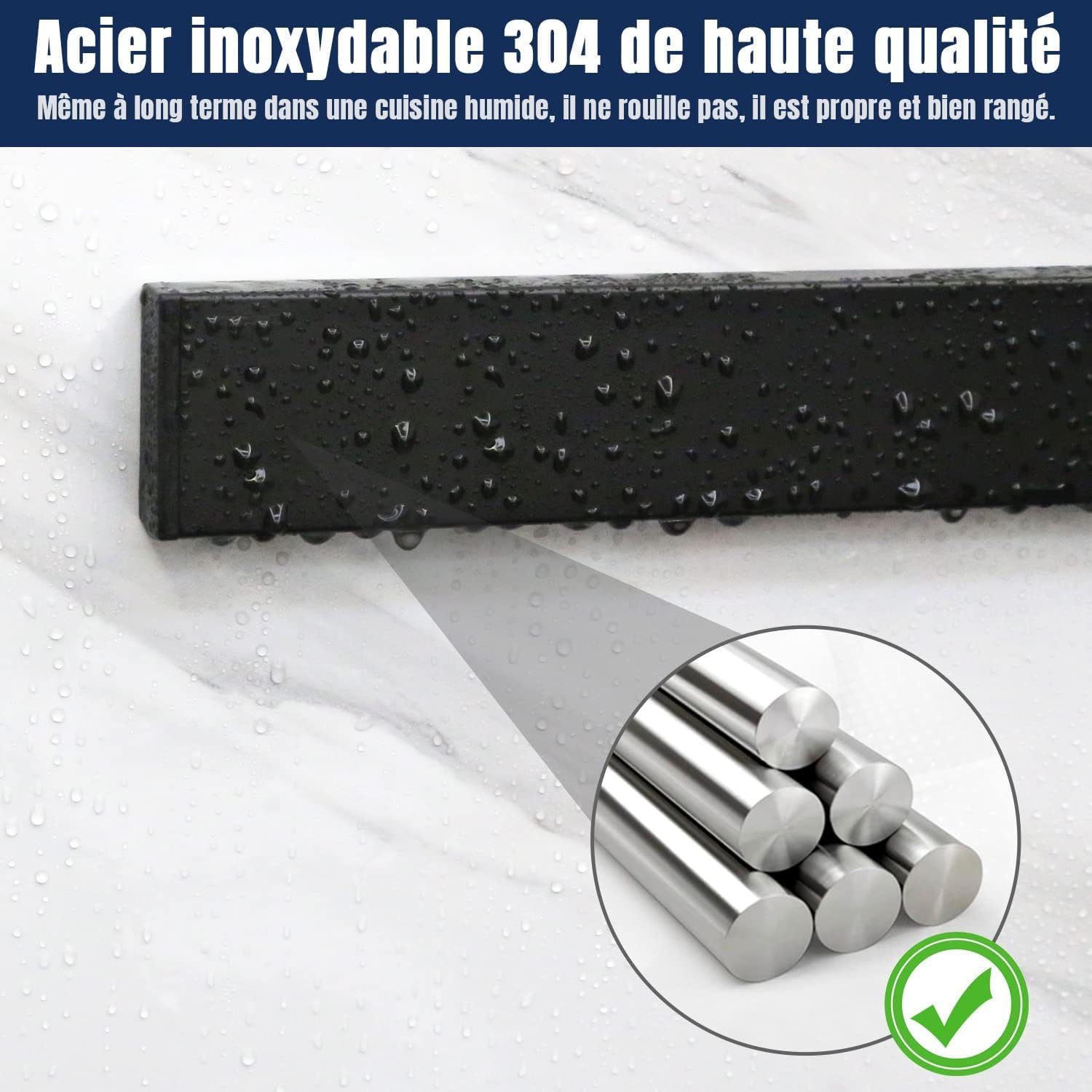 Porte Couteaux Aimanté Dmore avec 3 crochets, Range outeaux noire de 40 cm sans perçage, Extra-Fort aimant couteau, installation facultative avec bande adhésive ou vis pour une cuisine bien rangée