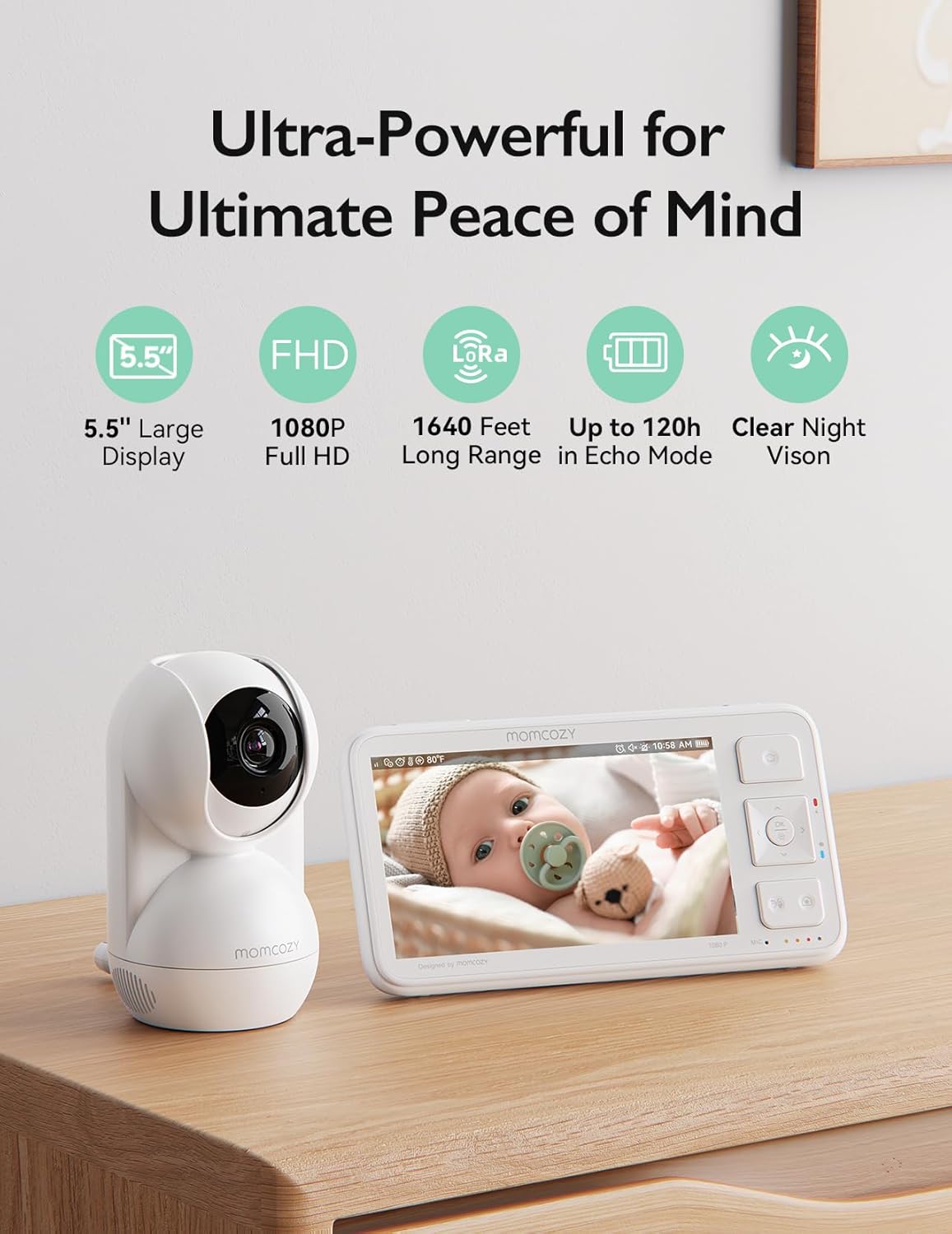 momcozy Video Baby Monitor, 5.5” 1080P Full HD Baby Monitor with Camera & Wall Mount, No WiFi, 5800mAh Battery, Infrared Night Vision, 2-Way Audio, Lullabies, 1640ft Range, Take... - Image 5