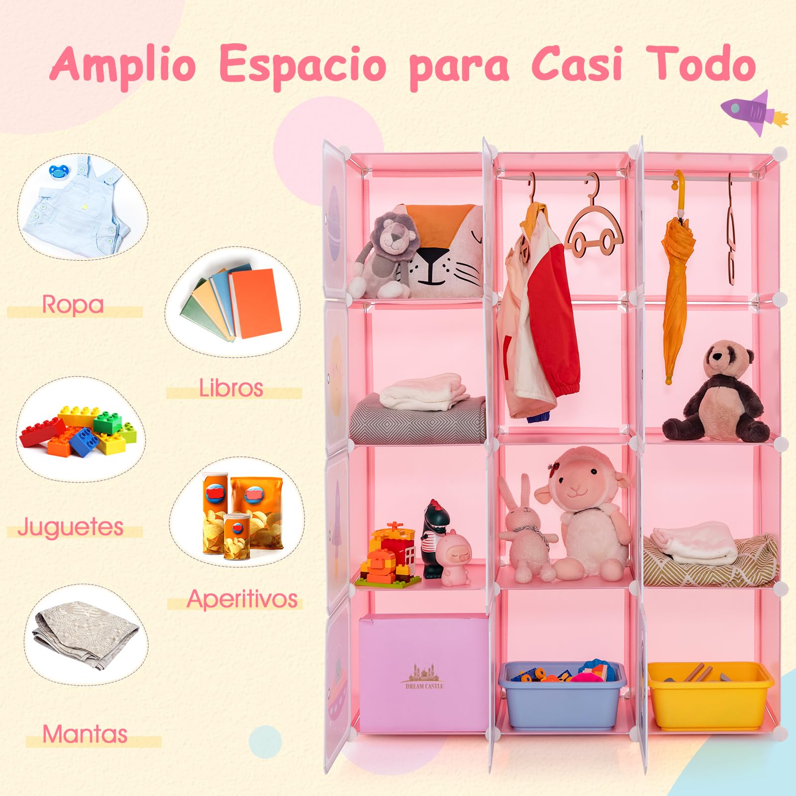 COSTWAY Armario Modular Infantil 12 Cubos 2 Secciones Colgar Estantería Organizador Almacenaje Juguetes 109x37x145 cm Rosa