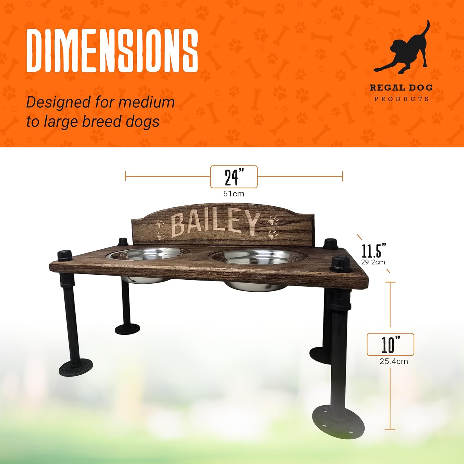 Elevated Dog Bowl Stand with Stainless Steel Bowls | Raised Dog Feeder | Oak Wood with Industrial Pipe Legs | Waterproof Finish | Handmade in USA (Custom Backsplash)