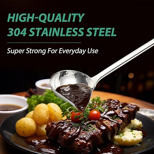 Miniatura 6 de Cucharón de salsa con boquilla, cucharones grandes de acero inoxidable para servir salsa, cucharón de metal con mango largo para cocina, agarre
