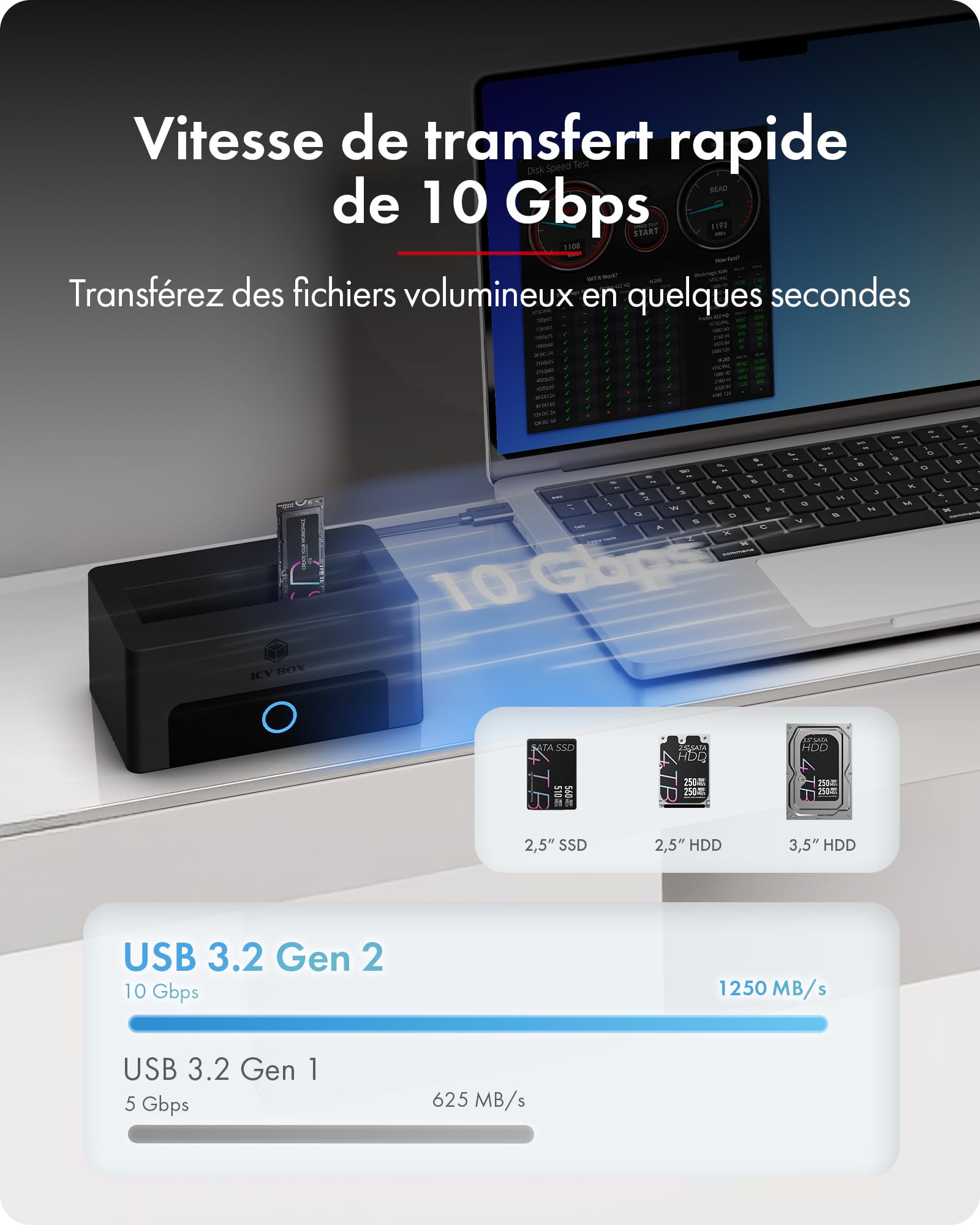 ICY Box Station d’Accueil pour M.2 NVMe & HDD/SSD 2,5"/3,5", USB 3.2 Gen 2 Type-C (10 Gbit/s), HotSwap, UASP, Dock SATA & NVMe pour SSD et disques durs, IB-1123M-CU31, Spade Dock 1123