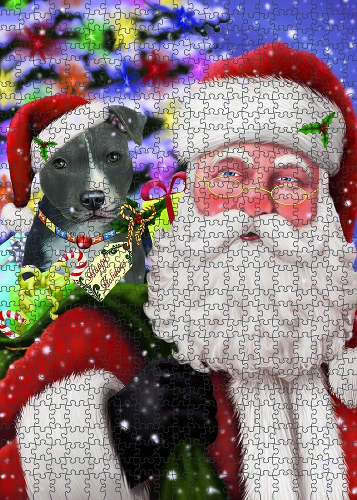 Christmas Santa with Presents and American Staffordshire Dog Jigsaw Puzzle for Adults - Animal Printed Interlocking Puzzle Game Gift for Dog Lover's -1000 Pcs 29.5"x19.7", PZLE56134