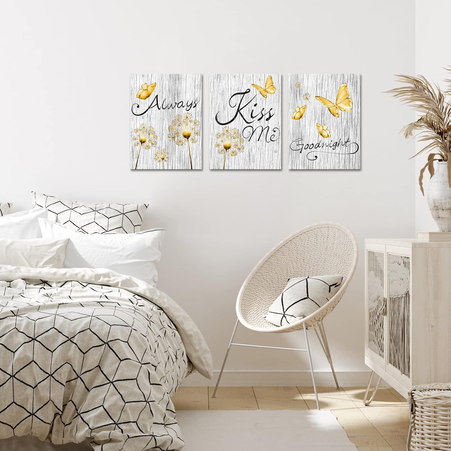 Visual Art Decor Yellow Picture for Bedroom Decor Rustic Yellow Butterfly Always Kiss Me Goodnight Sweat Words Picture Framed Artwork Bedroom Decoration