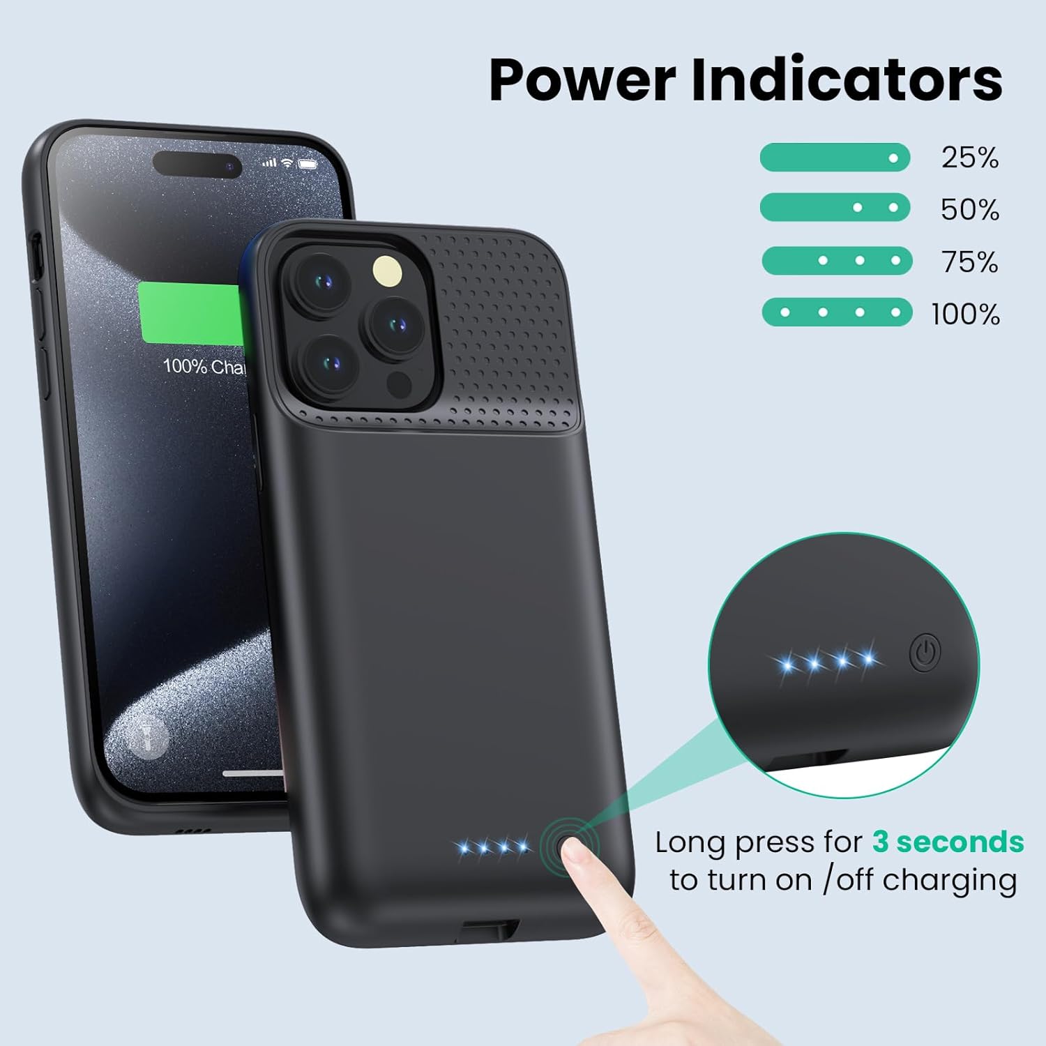 Battery Case for iPhone 15Pro Max, Upgrade 8600mah Portable Slim Battery Charging Case, 15W Fast Charging Rechargeable Protective Extended Charger Cover for iPhone 15 Pro Max (6.7 inch)-Black