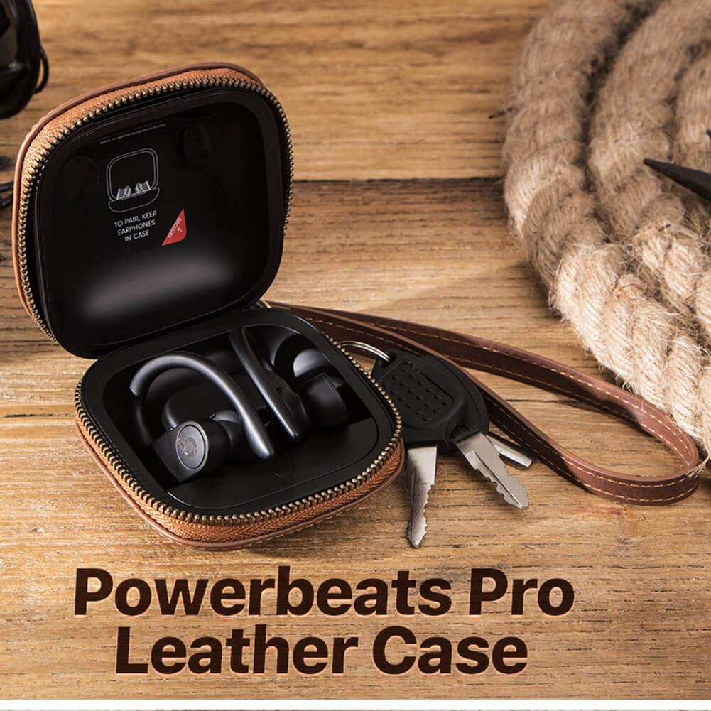 Hiram Men's Leather Travel Case for Powerbeats Pro(Brown)