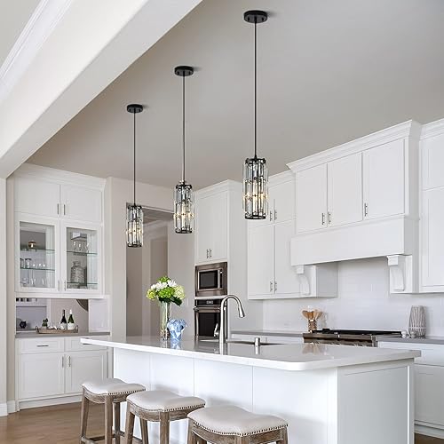 Miniatura 4 de Luces colgantes para isla de cocina, paquete de 3 lámparas colgantes modernas negras sobre mesa, ajustables, de cristal, iluminación colgante para