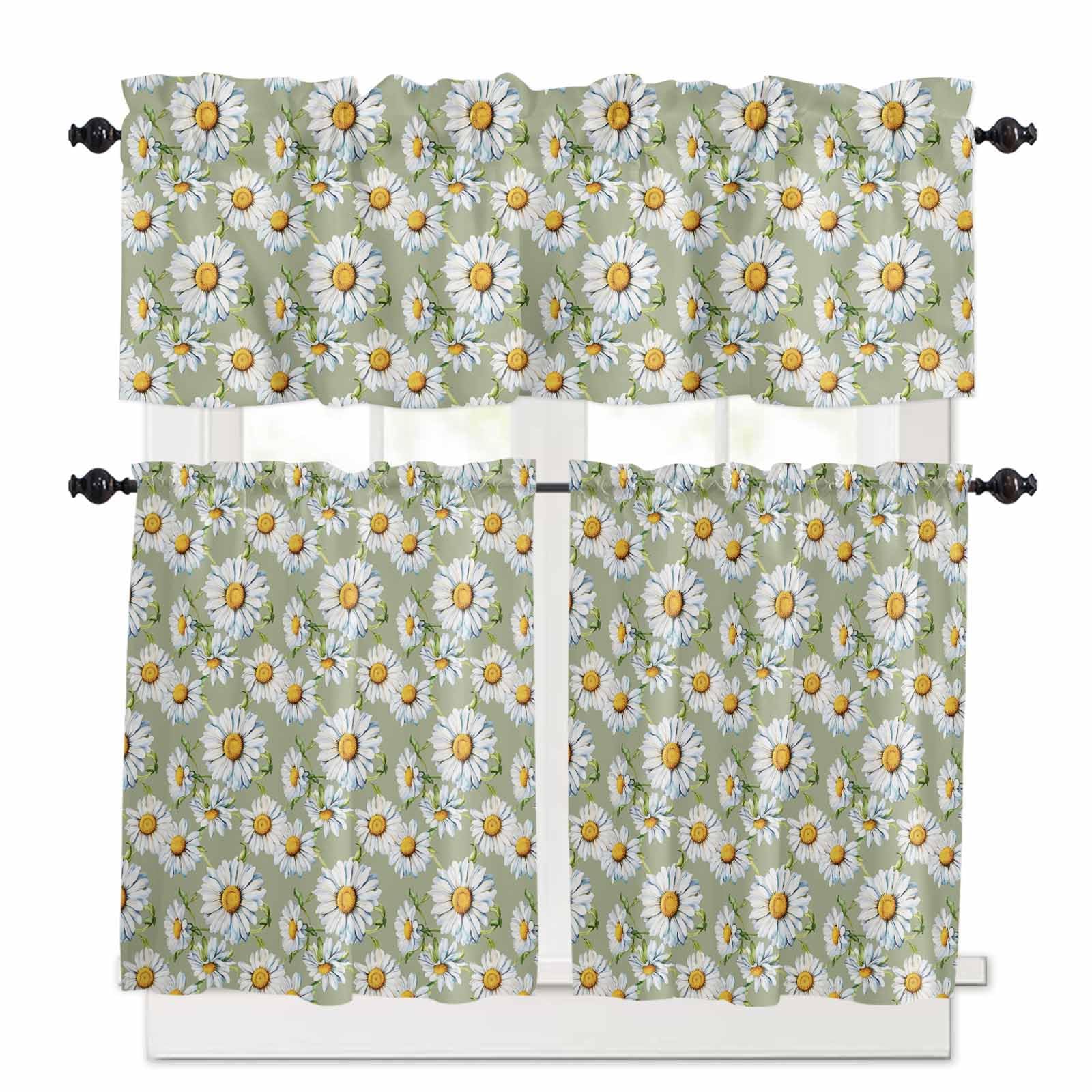 White Daisy Kitchen Curtains 36 Inch Length,3 Piece Rod Pocket Small Half Tiers and Valance Set,Sage Green Botanical Flowers Floral Country Small Large Window Treatment Decor for Bedroom/Bathroom