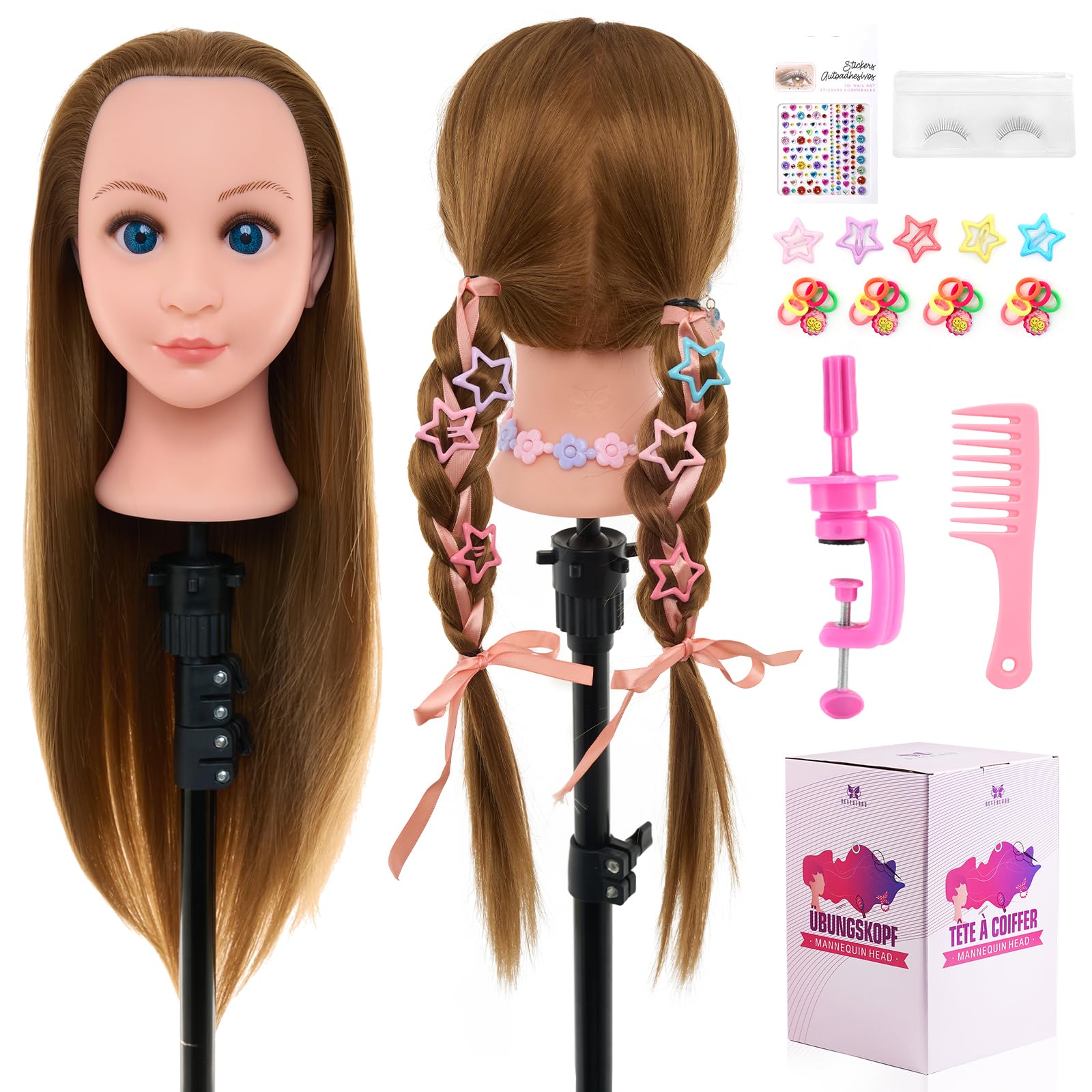 Neverland Beauty 22" Frisierkopf 60% Echthaar Übungskopf - Puppenkopf zum Frisieren Trainingskopf für Friseure mit Klemme und DIY Haare Frisuren Set