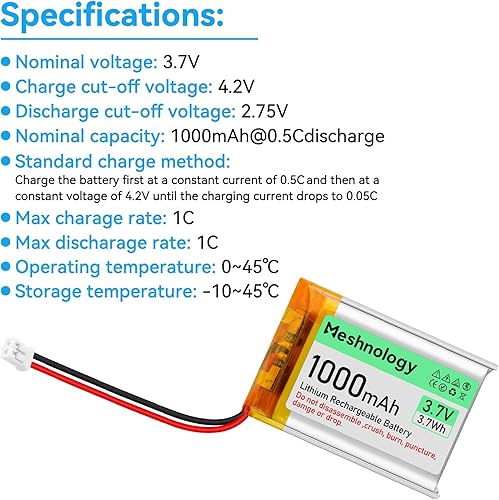 Miniatura 2 de Lipo Battery 803040 - Batería recargable de polímero de litio de 3.7 V de 1000 mAh con cable de carga USB, conector micro Ph1.25, circuito de