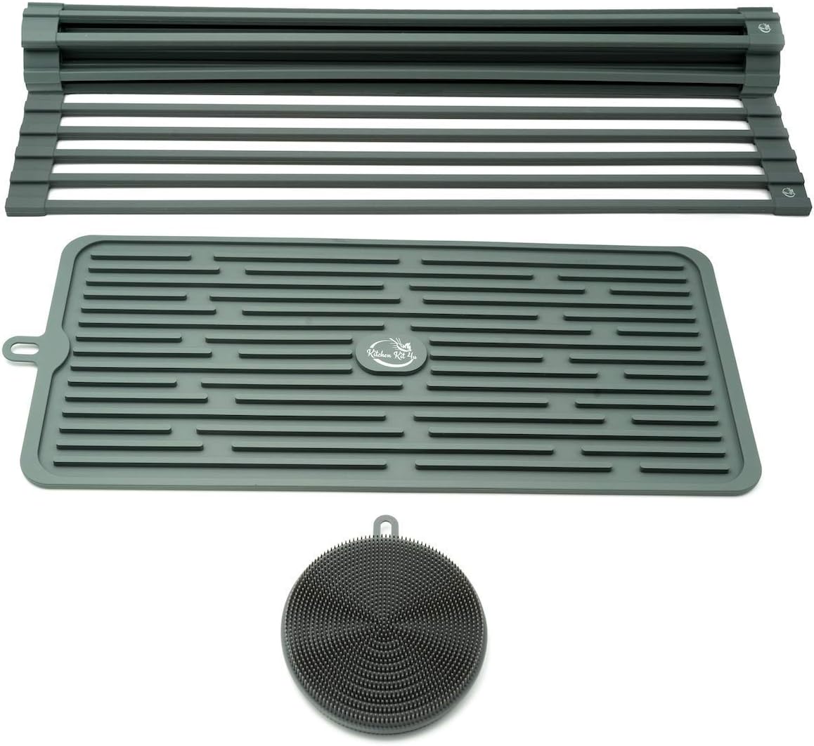 Multi Purpose Silicone Roll-Up Dish Drying Rack, Mat & Sponge Gift Set. Great for Multiple uses, Such as Washing Your Fruit & Vegetables for drip Drying. Easily drip Dry Dishes etc.