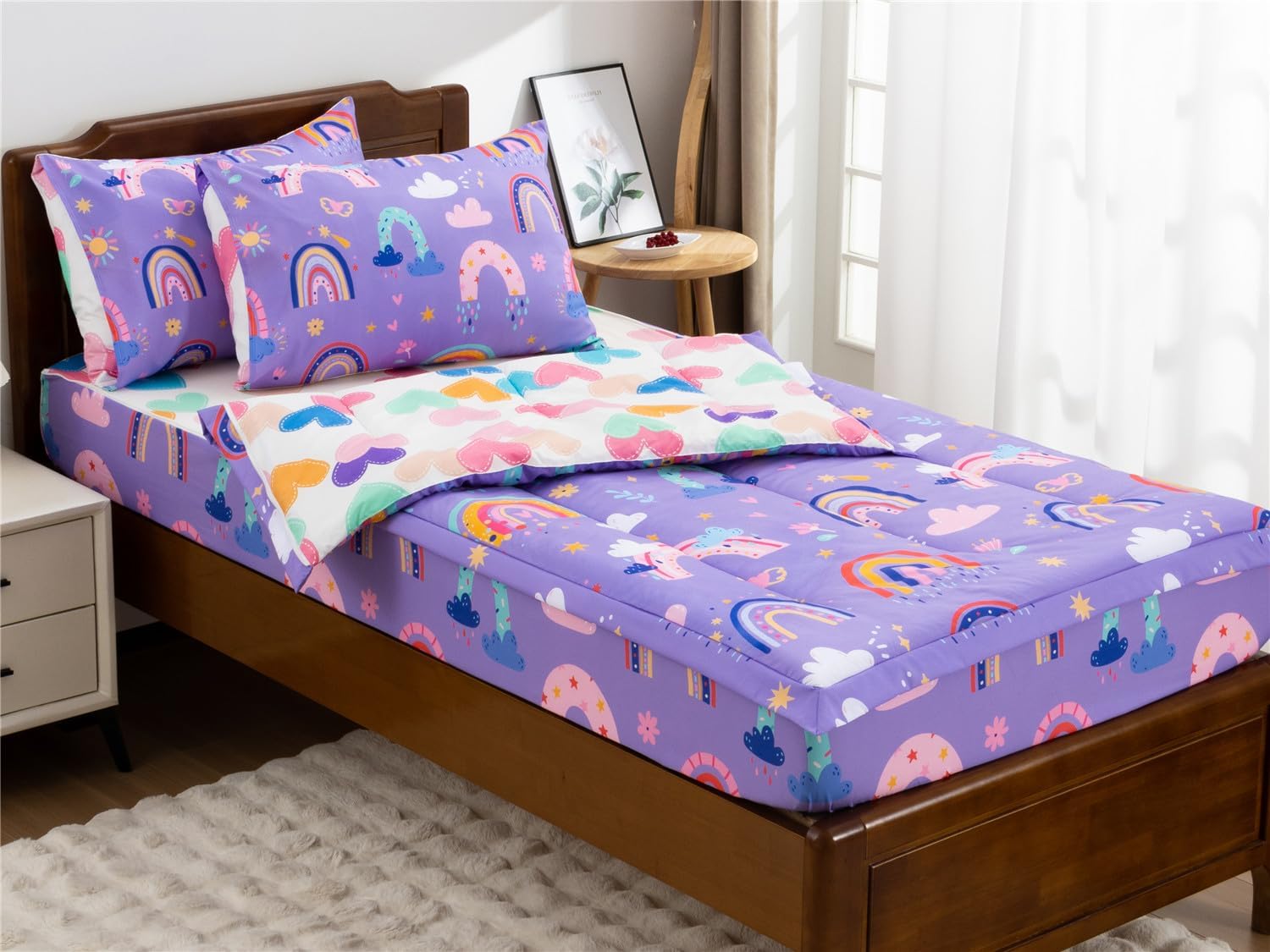 NTBED Rainbow Printed Zipper Bedding Sets Twin Lightweight Microfiber Cloud Comforter Sets with Fitted Sheet Pillow Covers,Purple