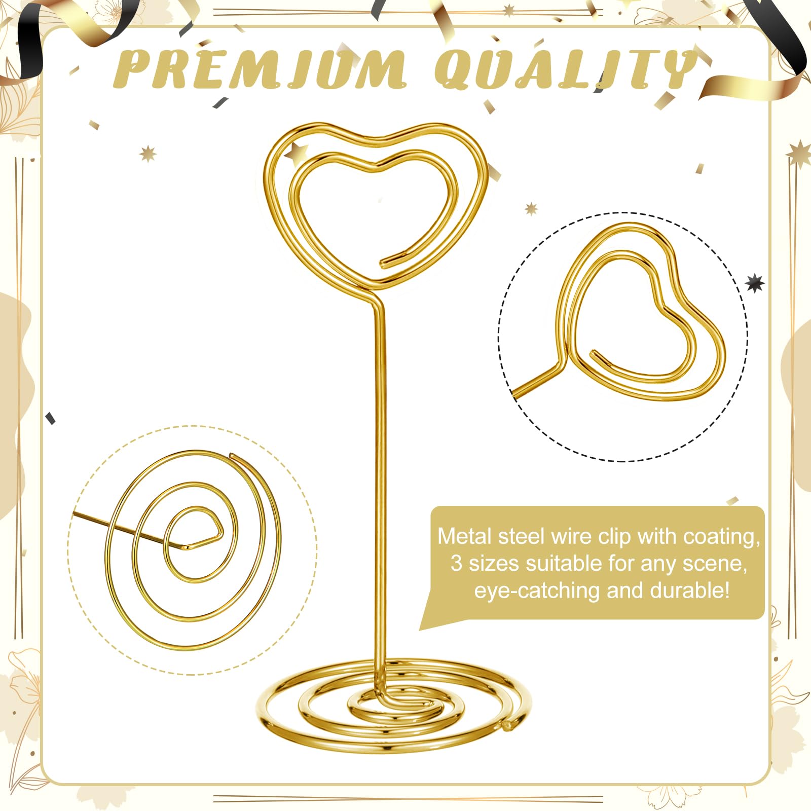 Hicarer 48 Pcs Heart Shape Place Card Holders 3 Various Sizes Table Number Holders Picture Holders for Centerpieces Table Card Holder Stand for Menu Memo Clip, Wedding, Party, Birthday (Gold)