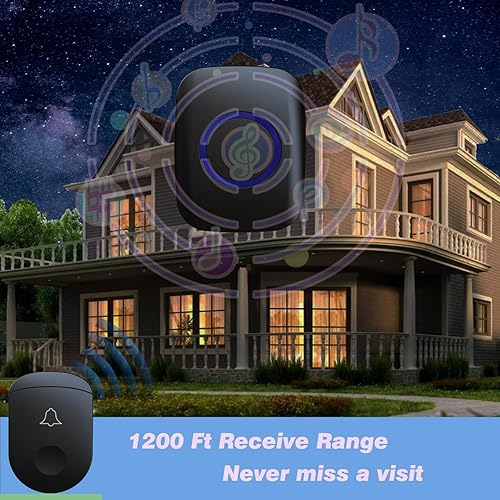 Miniatura 6 de Timbre inalámbrico, rango de 1,000 pies, timbre lo suficientemente fuerte, 5 niveles de volumen y 52 timbres de puerta con LED intermitente (negro