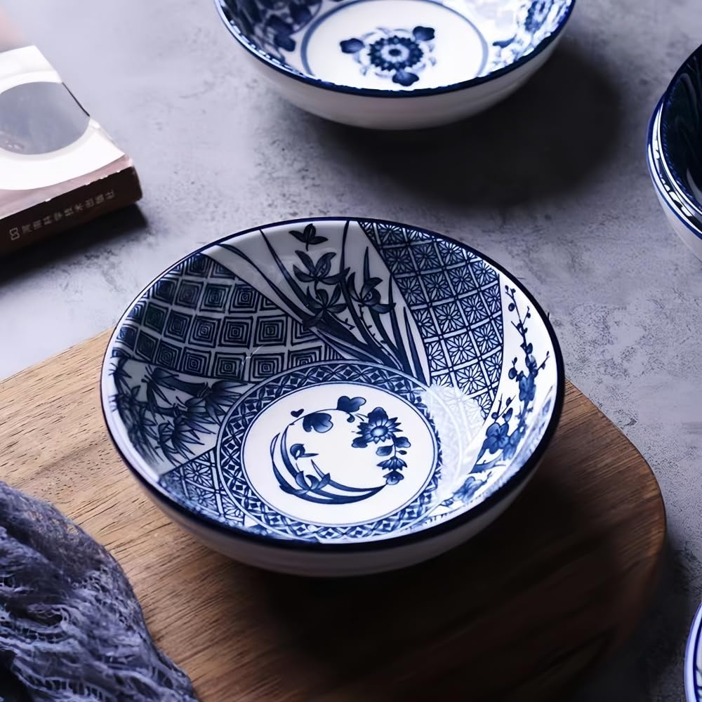 Zestaw misek ceramicznych, 6-częściowy 13 cm, niebiesko-białe miski do ryżu i zupy, zastawa stołowa w stylu azjatyckim