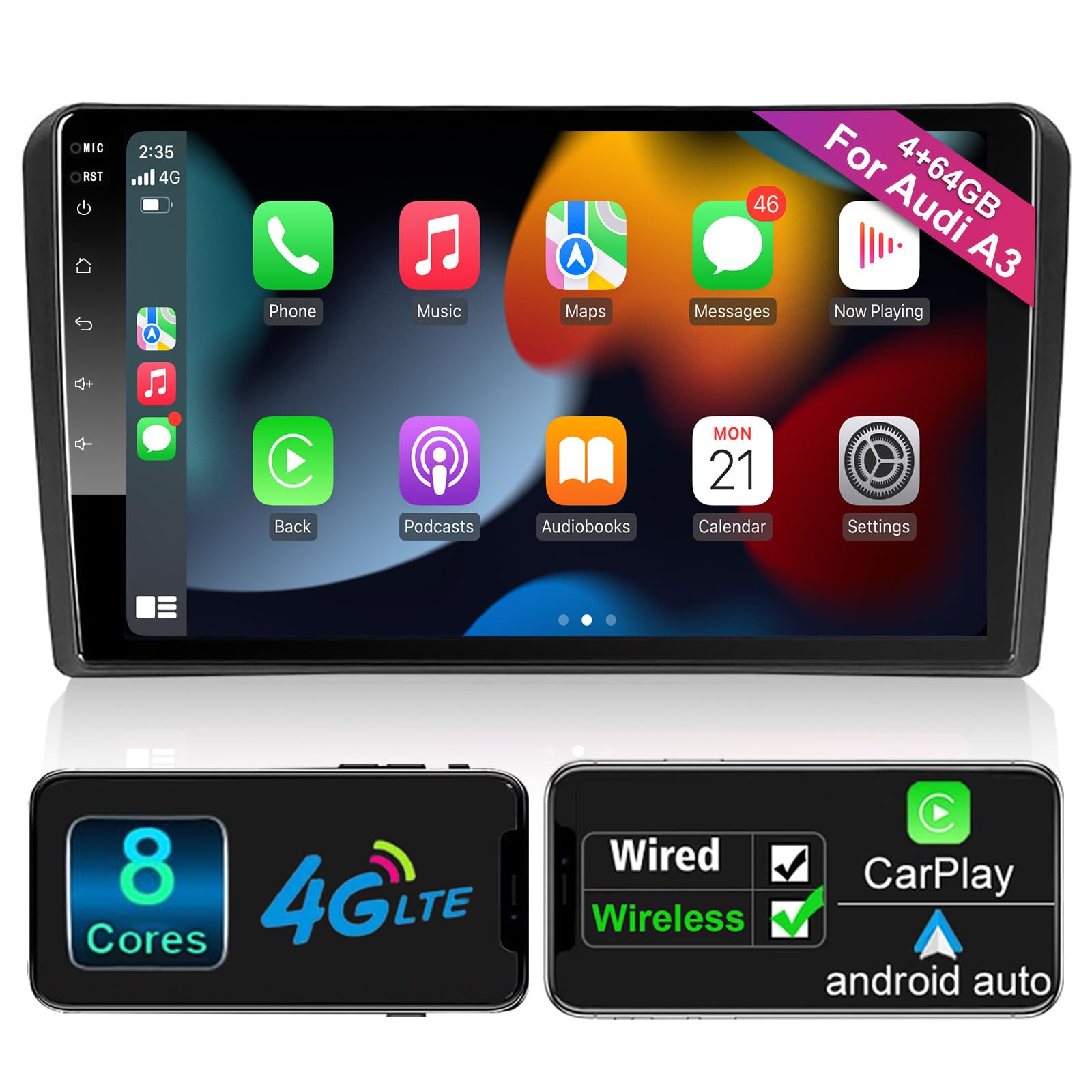 Android Autoradio mit Navi Bildschirm Carplay Android Auto für Audi A3 S3 RS3 2003-2012,9 Zoll 4GB+64GB Android 1 Din Radio Auto Radio Touch Display mit Bluetooth RDS FM GPS WiFi