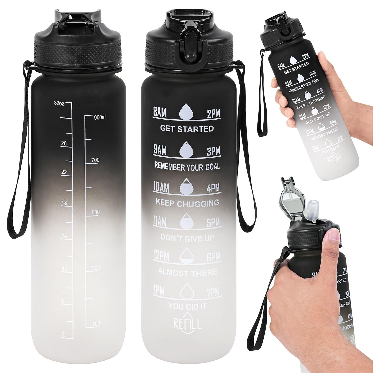 Taylor & Brown 1L Water Bottle with Straw, BPA-Free Leakproof Sports Bottle with Time Markings, Reusable Plastic Drink Bottle for Gym, Cycling, School, Office, Outdoor for Kids & Adults (Black/White)