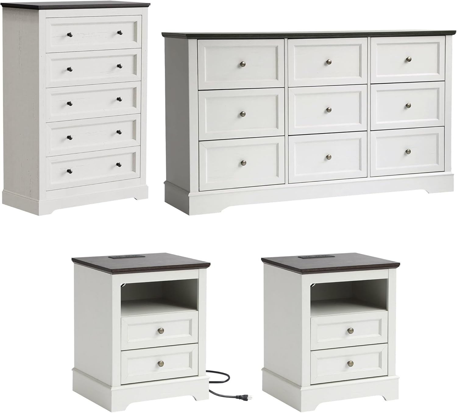 Farmhouse Bedroom Sets of 4, 4Pcs Farmhouse Dresser Set，Including 9 Drawer Dresser, 5 Drawer Dressers and Nightstand Set of 2 with Charging Station (White Sets, 4 Pieces)