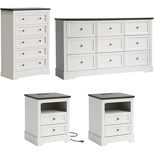 Farmhouse Bedroom Sets of 4, 4Pcs Farmhouse Dresser Set，Including 9 Drawer Dresser, 5 Drawer Dressers and Nightstand Set of 2 with Charging Station (White Sets)