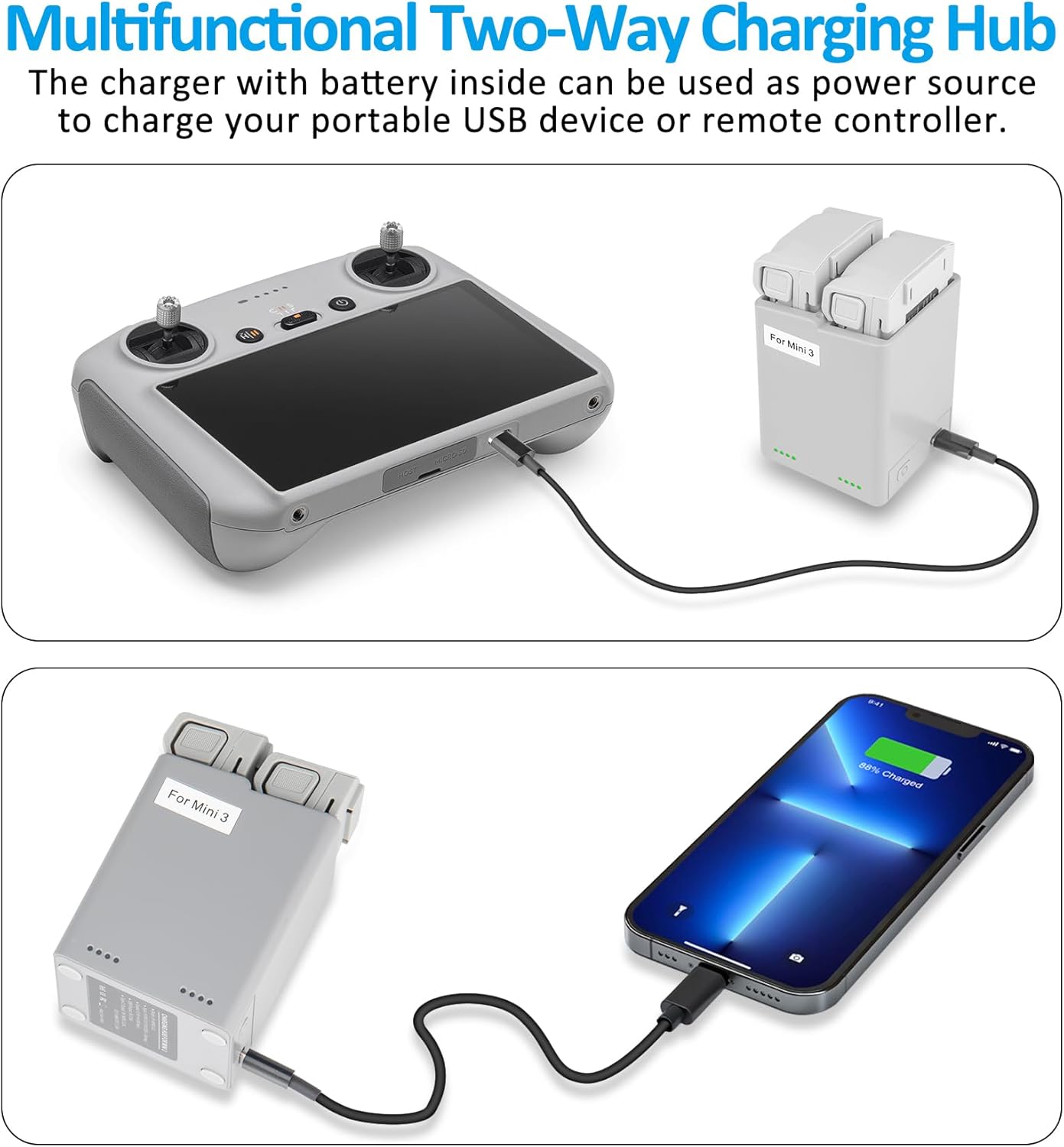 COOLSHOW Intelligent Flight 3 Pro Battery 1 Pack 3850mAh Battery Replacement & Two-Way Battery Charger Hub Kit Compatible with DJI Mini 3, Mini 3 Pro Drone