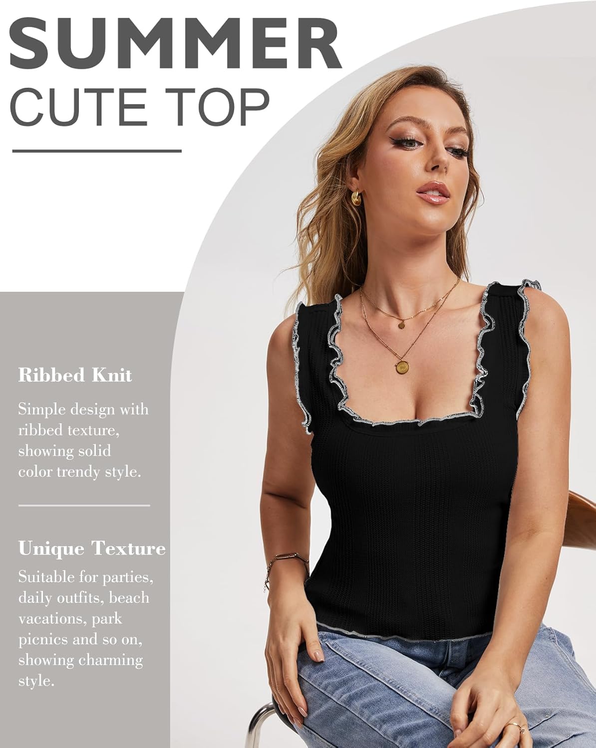 Cute Going Out Tops for Women Trendy Summer Crop Tank Top Square Neck Sleeveless Wide Straps Knit Camisole Shirts - Image 4