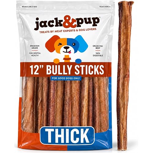 Jack&Pup Bully Sticks for Dogs 12 Inch (5 Ct) Bully Sticks for Large Dogs