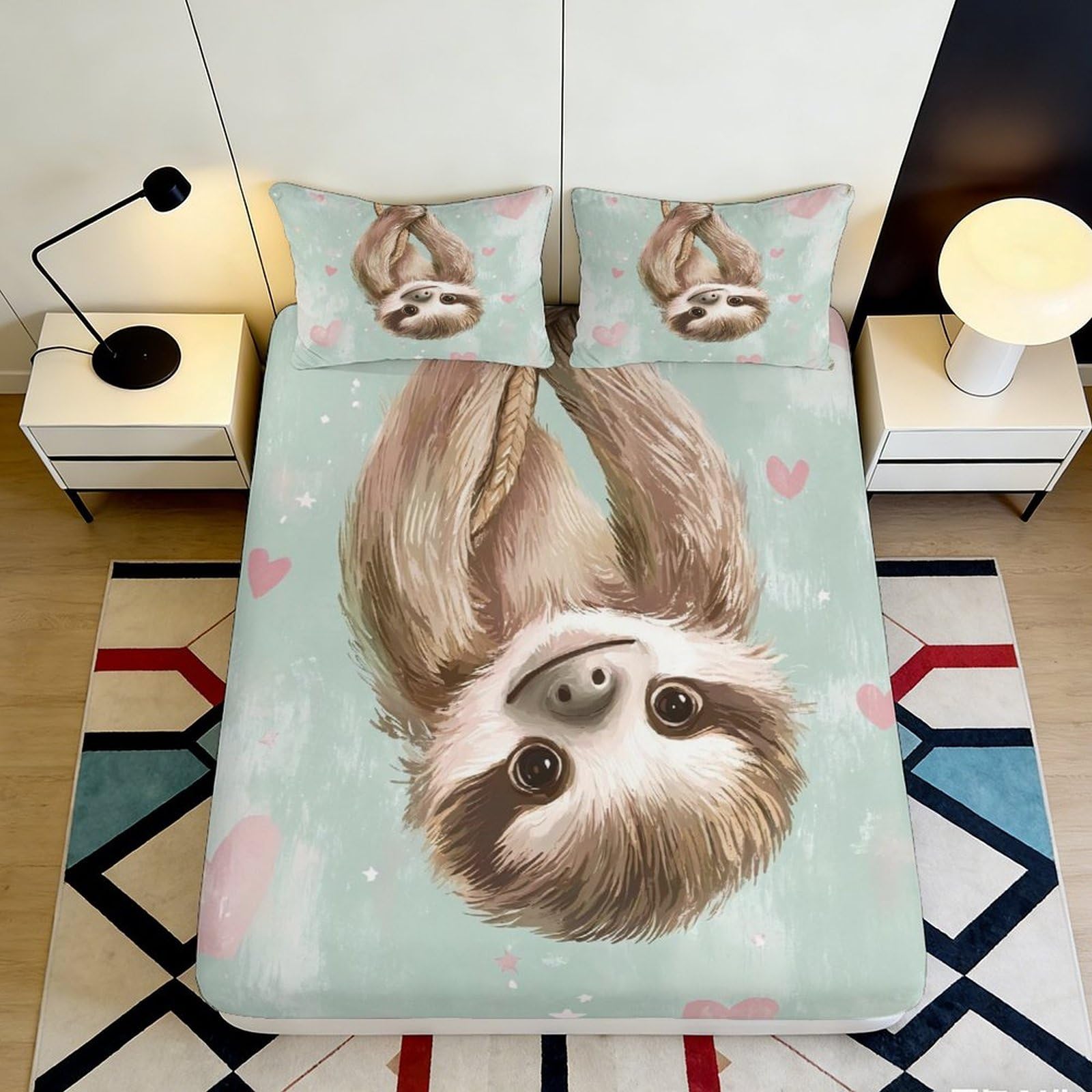 3D Printed Sloth Design Fitted Sheet Microfiber Deep Pocket Bed Non-Slip Full Wrap Sloth Mattress Fitted Cover for Adults Teens 160x200x25cm