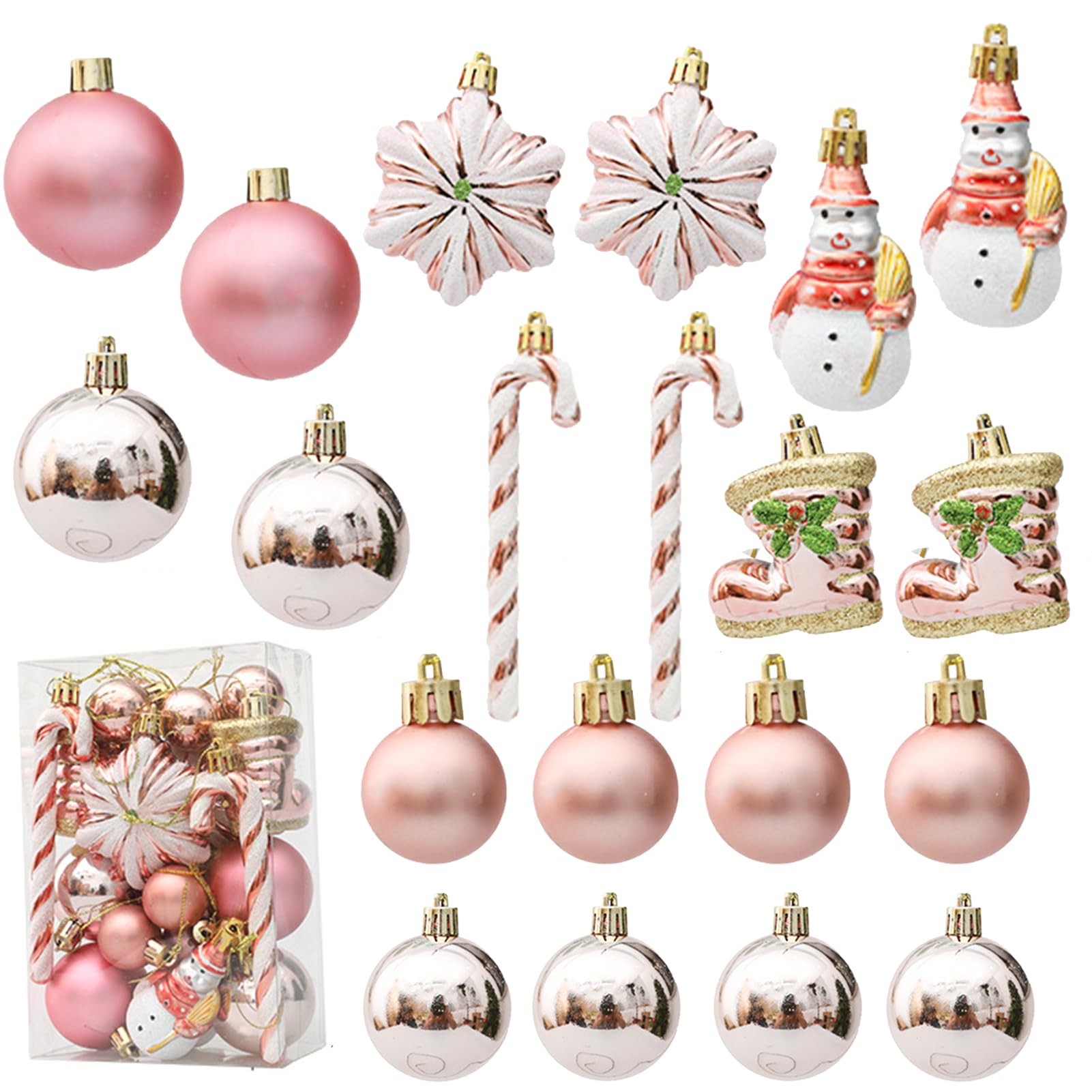 HERZONE 20 x Christmas Pendants, Christmas Tree Decorations, Christmas Baubles, Sugar Canes, Stars, Snowman and Christmas Boots for Christmas Tree (B-Pink Gold)