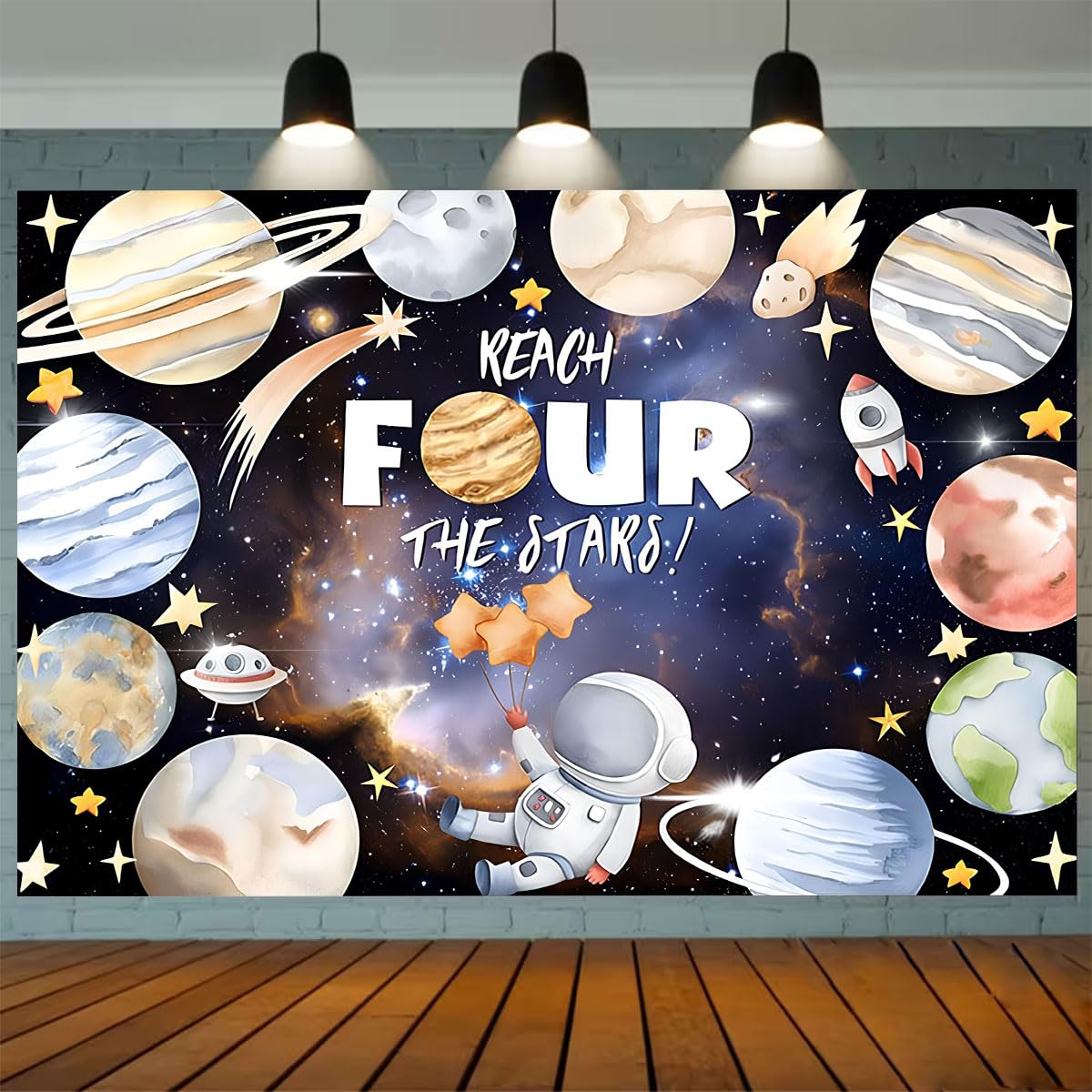 Reach Four The Stars Space Theme Children Birthday Background 4th Birthday Party Kids Astronaut Themed Birthday Party Decoration Boy Girl Birthday Party Photography Decorations Banner (8X6FT)