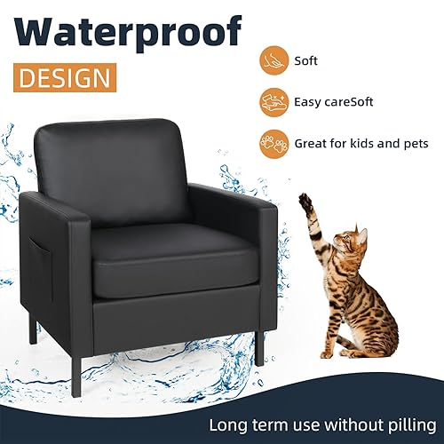 Miniatura 4 de AODAILIHB Juego de 2 sillas decorativas de cuero negro, sillas decorativas modernas con brazos, silla auxiliar pequeña de 2 bolsilloscojín grueso,