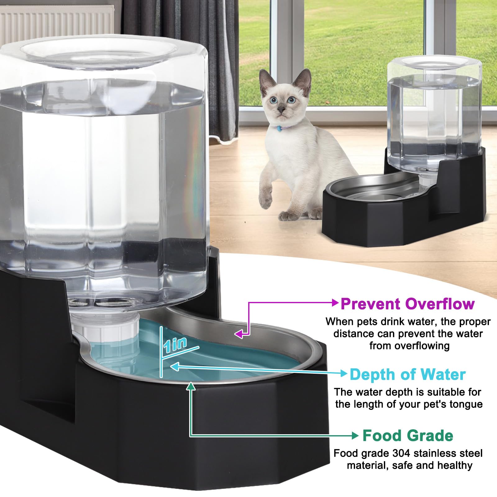 Sfozstra 5L Trinkbrunnen f. Hunde - Edelstahl, standsicher | Schwerkraftbetrieben, 5L, rutschfester Sockel, erhöhter Rand, zerlegbar, für mittlere/große Hunde, innen/außen